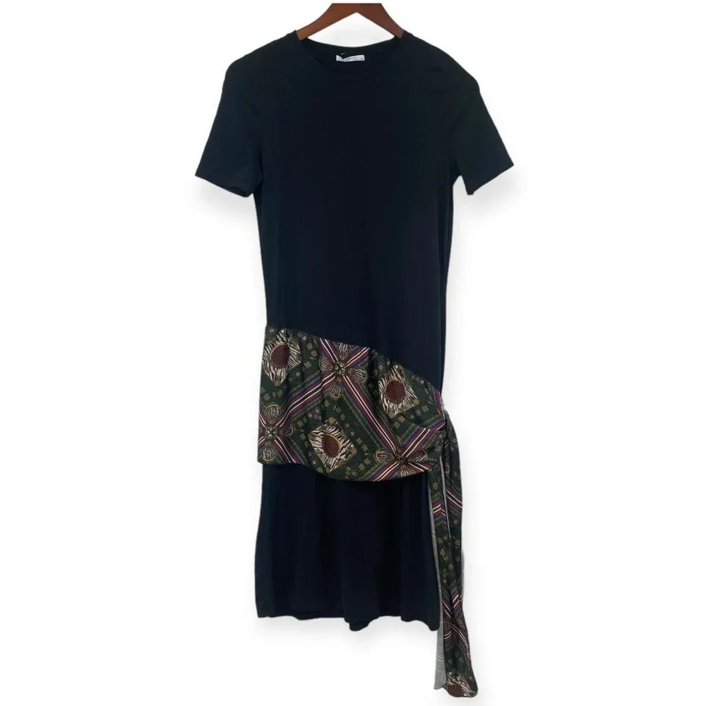 ZARA Midi T-Shirt Dress Womens Size Medium Black Geometric Tie‎ Scarf Side Wrap